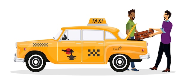 Vector ilustración vectorial de un hombre feliz que va a ir en un taxi retro de vacaciones