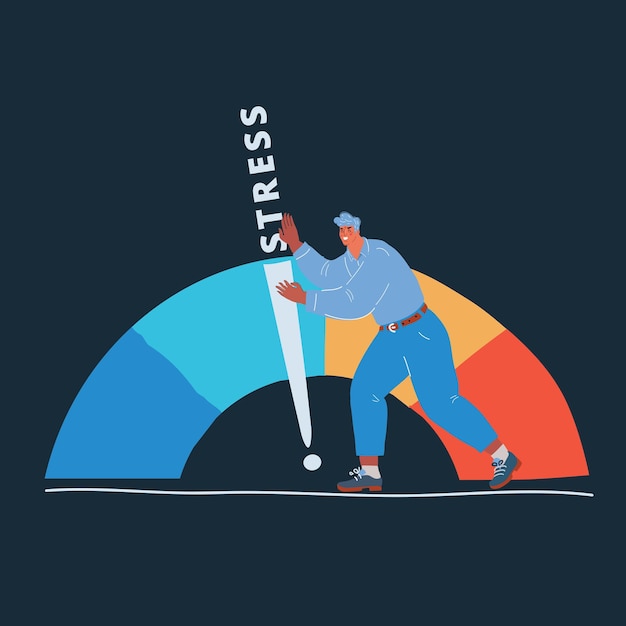 Ilustración vectorial del hombre con flecha y escala nivel de estrés estrés nervioso y fatiga sobre fondo oscuro