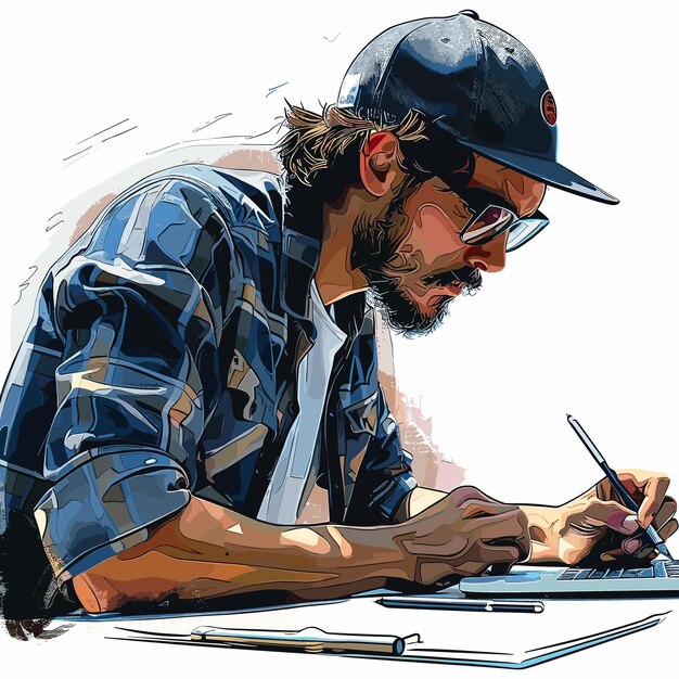 Ilustración vectorial de un hombre con una gorra de béisbol y gafas funciona en una computadora portátil