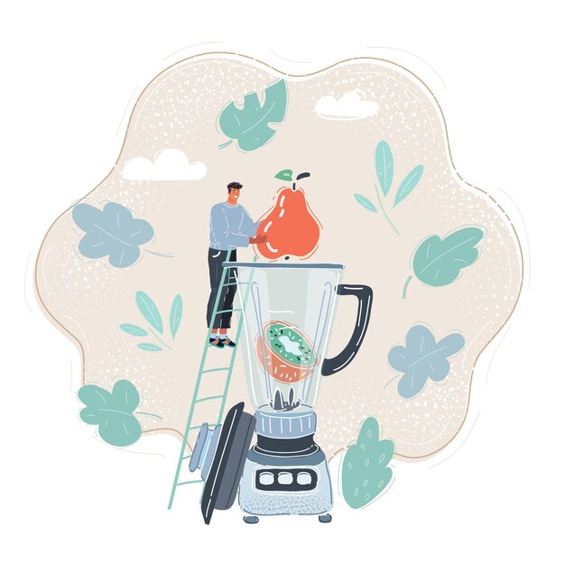 Ilustración vectorial de un hombre haciendo jugo de verduras frescas con un fondo gigante