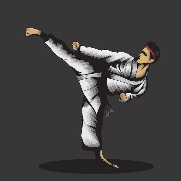 Ilustración vectorial de un hombre de karate haciendo una patada