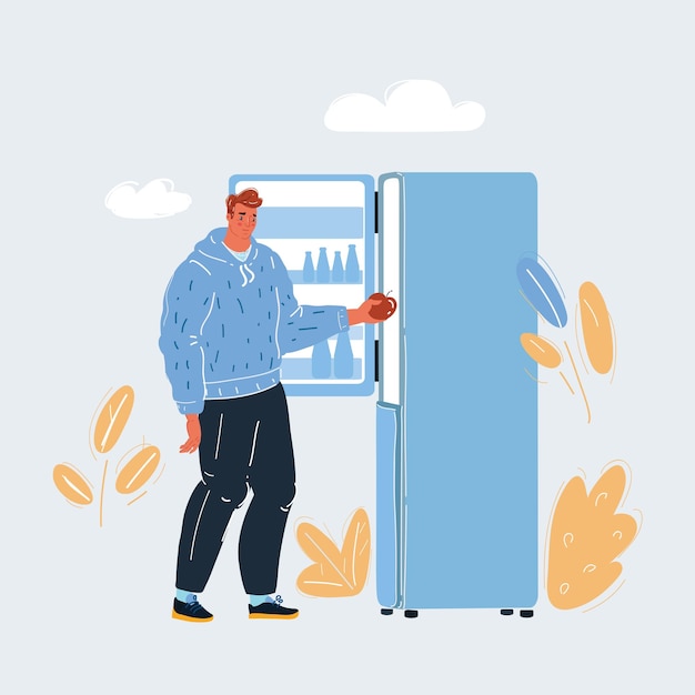 Vector ilustración vectorial de un hombre limpiando el refrigerador