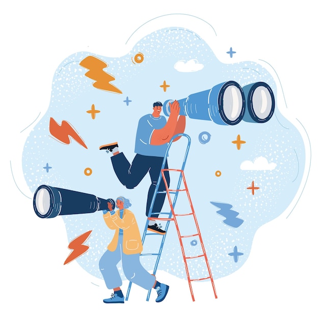 Ilustración vectorial de un hombre mirando a través de un binocular y una mujer mirando por un espejista en otra dirección