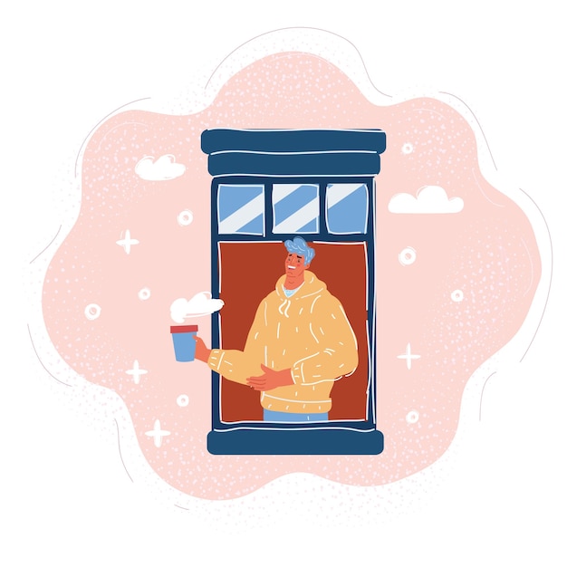 Ilustración vectorial de un hombre mirando a través de una ventana