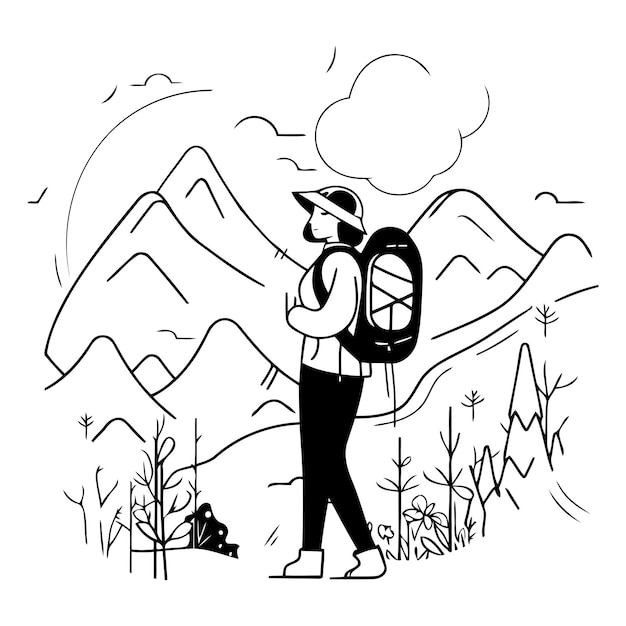 Vector ilustración vectorial de un hombre con una mochila caminando por las montañas