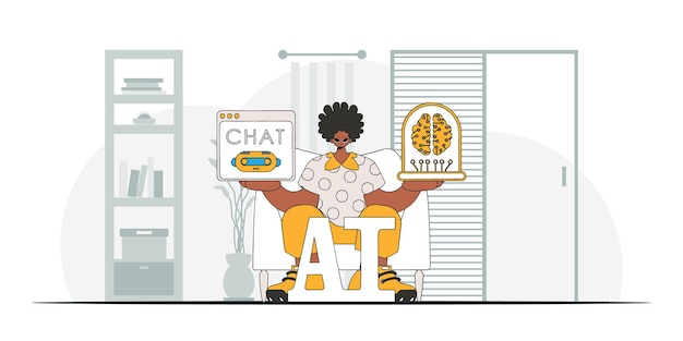 Ilustración vectorial de un hombre moderno sosteniendo un cerebro de IA.