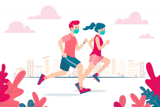 Ilustración vectorial de un hombre y una mujer corriendo y usando una máscara facial debido al coronavirus y la nueva normalidad