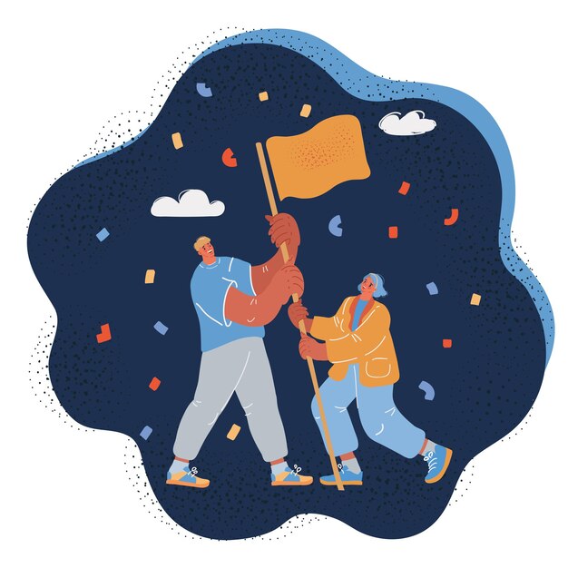 Ilustración vectorial de un hombre y una mujer sosteniendo una bandera