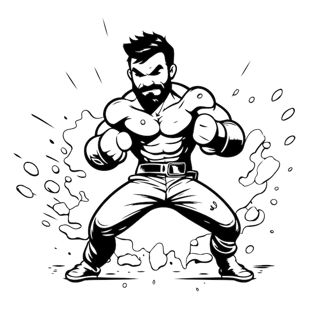 Vector ilustración vectorial de un hombre musculoso fuerte con barba y bigote en forma de salpicadura