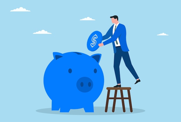 Ilustración vectorial de un hombre de negocios ahorrando cuidadosamente dinero en una alcancía tradicional