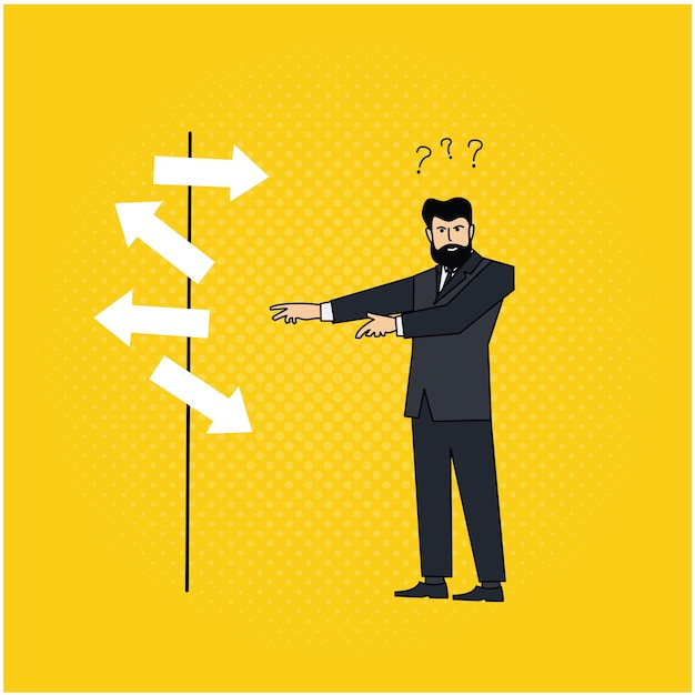 Vector ilustración vectorial de un hombre de negocios confundido sobre la determinación de la dirección