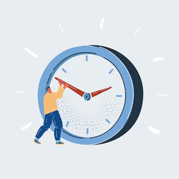 Ilustración vectorial de hombre de negocios cuelga de una flecha de un reloj gigante personaje trata de detener o volver atrás el tiempo en el fondo de aislamiento blanco
