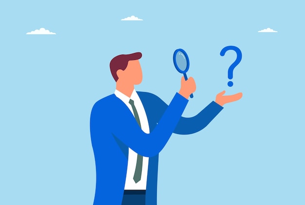 Ilustración vectorial de un hombre de negocios encontrando un problema a través de una lupa
