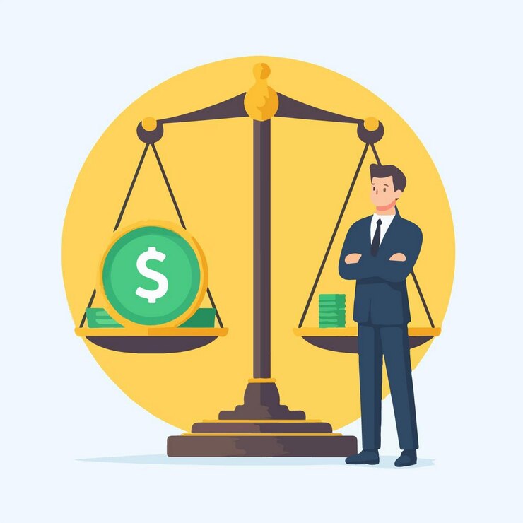 Vector ilustración vectorial de un hombre de negocios con escalas en estilo de diseño plano