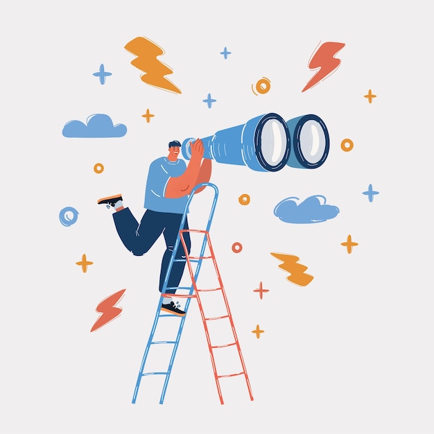 Ilustración vectorial de un hombre de negocios en una escalera usando un binocular gigante