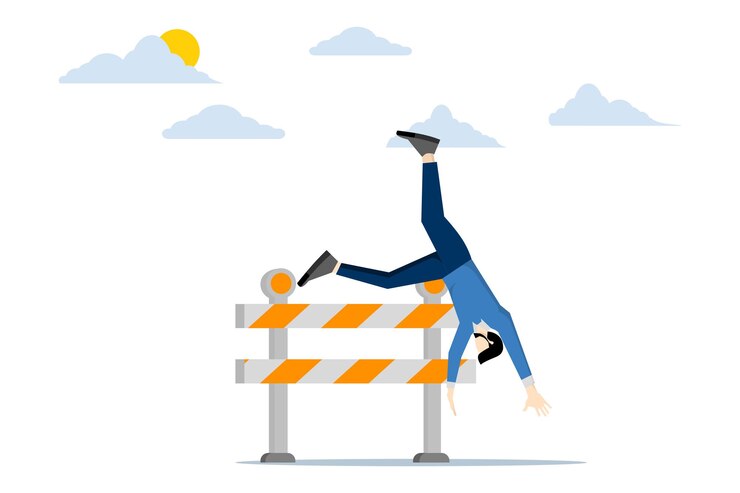 Vector ilustración vectorial de un hombre de negocios fallido que no puede saltar sobre obstáculos y caer al suelo