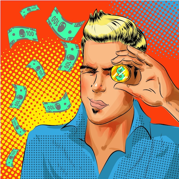 Ilustración vectorial de un hombre de negocios mirando una moneda de dólar de oro mientras entrecierra los ojos concepto de éxito empresarial en estilo cómico de arte pop retro