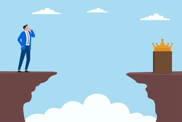 Ilustración vectorial de un hombre de negocios en una montaña mirando a través de una brecha hacia una corona que simboliza la ambición, el desafío, el liderazgo y la búsqueda del éxito