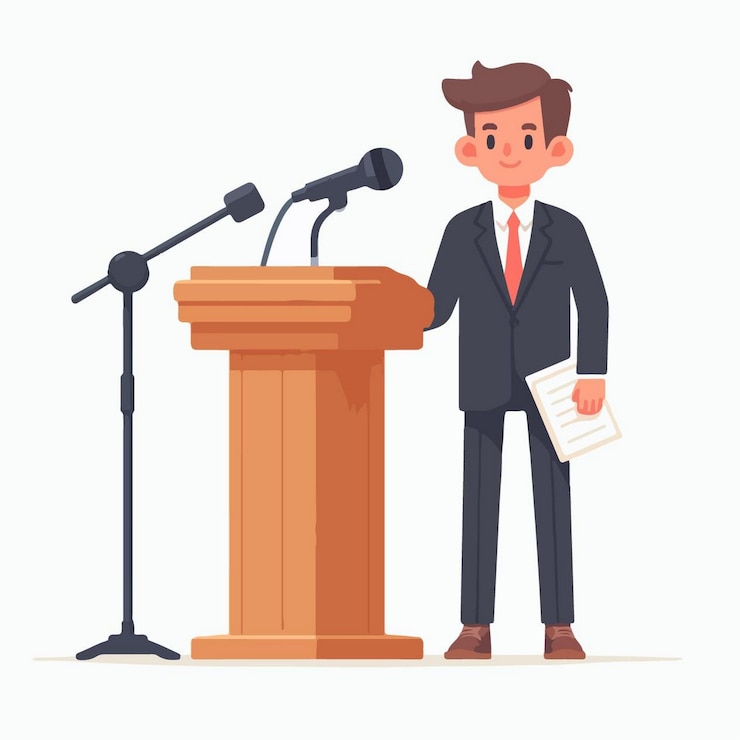 Vector ilustración vectorial de un hombre de negocios de pie en la tribuna dando un discurso en estilo de diseño plano