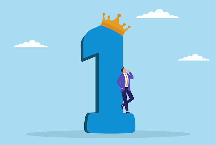 Vector ilustración vectorial de un hombre de negocios preocupado de pie debajo de un premio de primer lugar y una corona que simboliza la presión y la ansiedad de lograr el máximo éxito