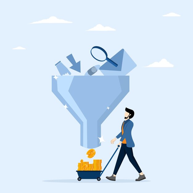 ilustración vectorial de un hombre de negocios que sostiene un carrito de compras con monedas de dinero del embudo de venta