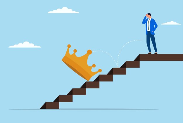 Ilustración vectorial de un hombre de negocios que se ve molesto cuando su corona cae por las escaleras