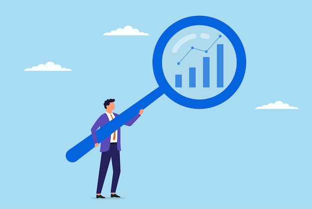 Ilustración vectorial de un hombre de negocios sosteniendo una gran lupa y analizando datos que simbolizan una atención meticulosa a los detalles en el examen de datos en profundidad y la búsqueda de información perspicaz