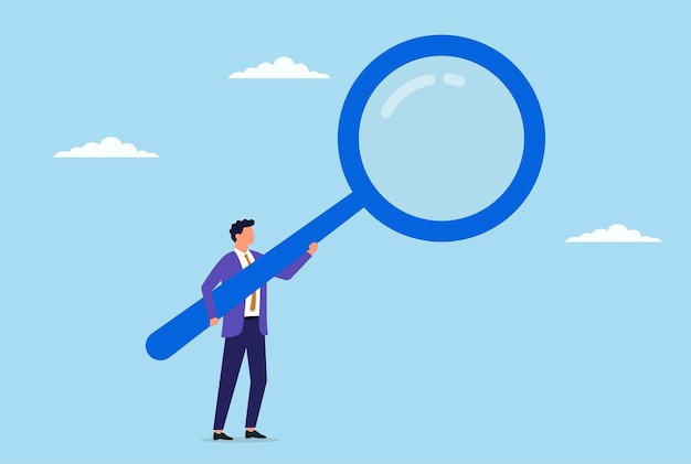 Ilustración vectorial de un hombre de negocios sosteniendo una gran lupa que simboliza la observación enfocada, el análisis profundo y la búsqueda de claridad y perspicacia en el mundo de los negocios