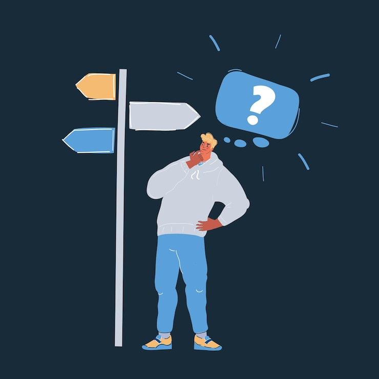 Vector ilustración vectorial de un hombre de pie frente a una carretera hace una elección de dónde ir en fondo oscuro