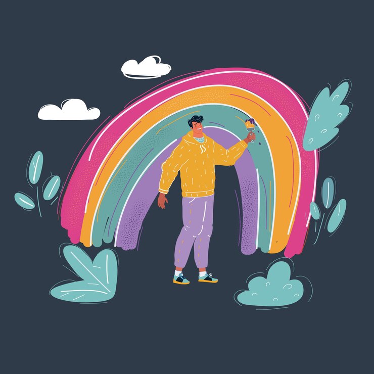 Vector ilustración vectorial de el hombre pinta un arco iris sobre un fondo oscuro