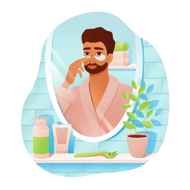 Vector ilustración vectorial de un hombre que cuida su piel facial