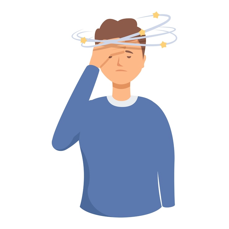 Vector ilustración vectorial de un hombre que experimenta mareos con estrellas alrededor de su cabeza