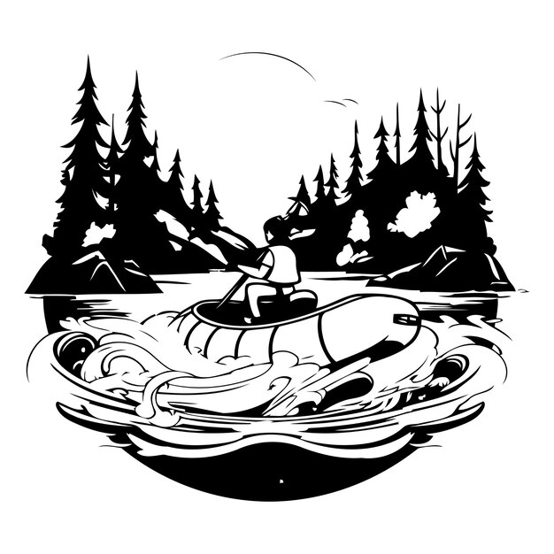 Vector ilustración vectorial de un hombre remando un kayak en el bosque