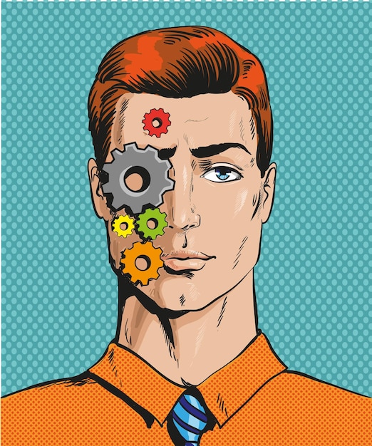 Ilustración vectorial de un hombre con ruedas dentadas en la parte derecha de su cara en estilo cómico de arte pop retro Cara tranquila y sin emociones