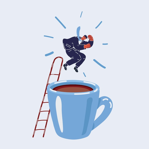 Ilustración vectorial de un hombre saltando en una gran taza de café