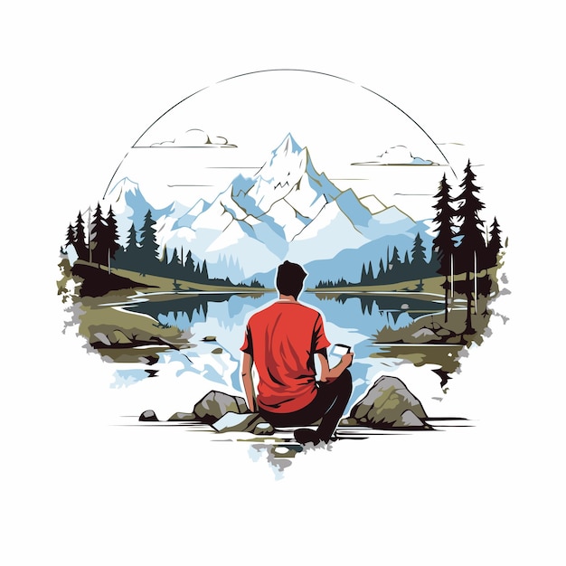 Ilustración vectorial de un hombre sentado junto al lago y mirando las montañas