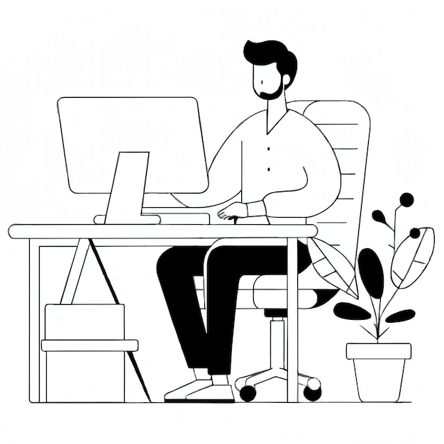 Ilustración vectorial de un hombre sentado en la mesa con una computadora y una computadora portátil