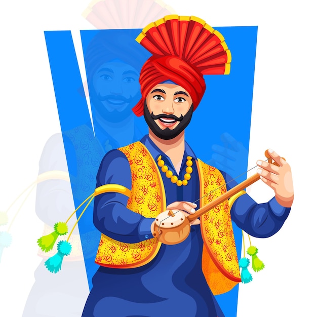 Ilustración vectorial de un hombre sikh realizando la danza bhangra con el instrumento musical tradicional Tumbi