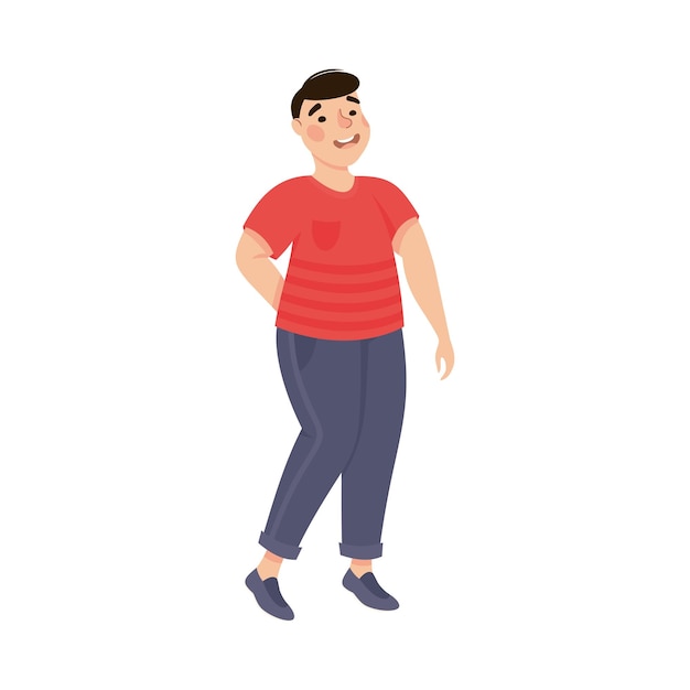Ilustración vectorial de hombre sonriente con cuerpo positivo o tamaño plus en postura de pie