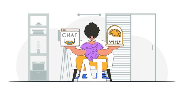 Ilustración vectorial de un hombre sosteniendo un cerebro de IA con un estilo moderno.