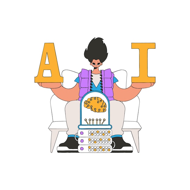 Ilustración vectorial de un hombre sosteniendo las letras A e I, expresando el tema de la Inteligencia Artificial.