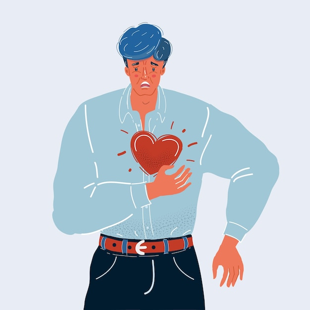 Vector ilustración vectorial del hombre sostiene su mano en el pecho dolor de corazón dolor de lugar síntoma de ataque infografía concepto de salud