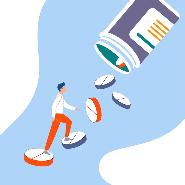Ilustración vectorial de un hombre subiendo escaleras hechas de píldoras