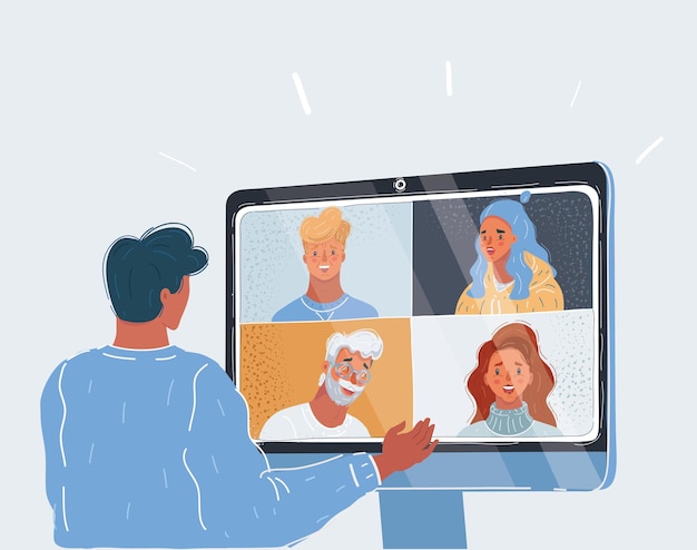 Ilustración vectorial del hombre tienen conferencia en línea en fondo blanco