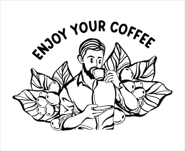 ilustración vectorial de un hombre tomando café con un fondo de hojas de café por la mañana