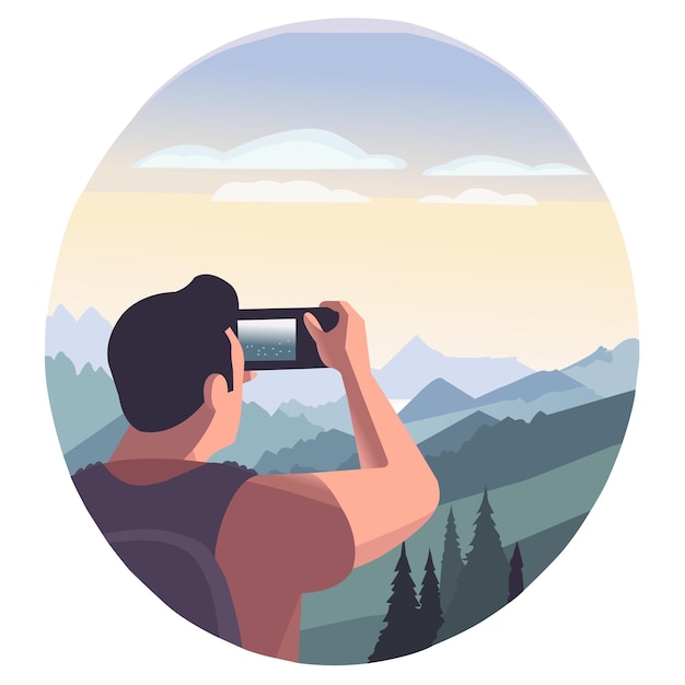 Vector ilustración vectorial del hombre tomando fotos de la montaña