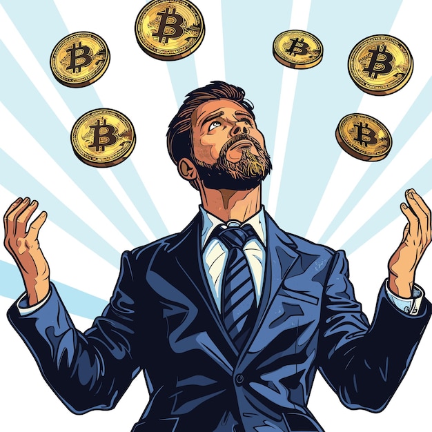 Ilustración vectorial de un hombre en traje con bitcoins