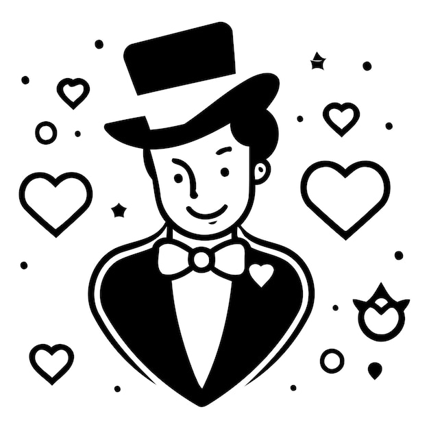 Vector ilustración vectorial de un hombre en traje y sombrero con corazones