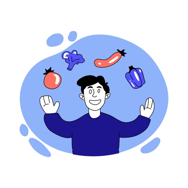 Ilustración vectorial del hombre con verduras Alimentos saludables cebolla tomate brócoli berenjena pimiento vegetación nutrición adecuada vitamina verde cocina Concepto de alimentación Colores pastel azul y rosa