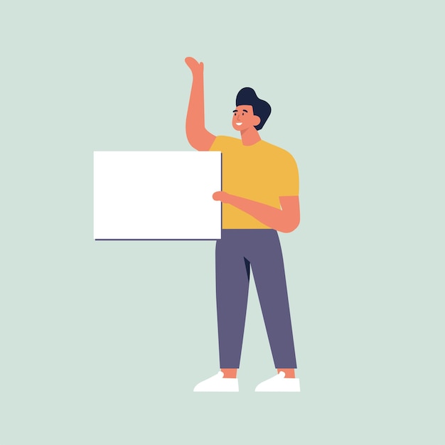 Ilustración vectorial hombres jóvenes sonrientes sosteniendo pancartas limpias. Carácter de personas demostrando pancartas vacías.